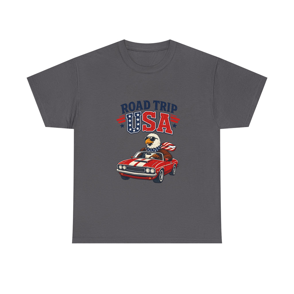 Road Trip USA T-Shirt — Patriotic Eagle Driving Classic Car Graphic Tee