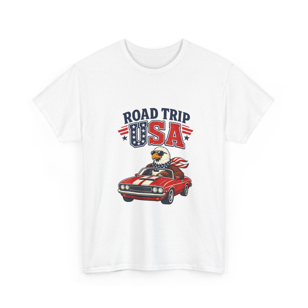 Road Trip USA T-Shirt — Patriotic Eagle Driving Classic Car Graphic Tee