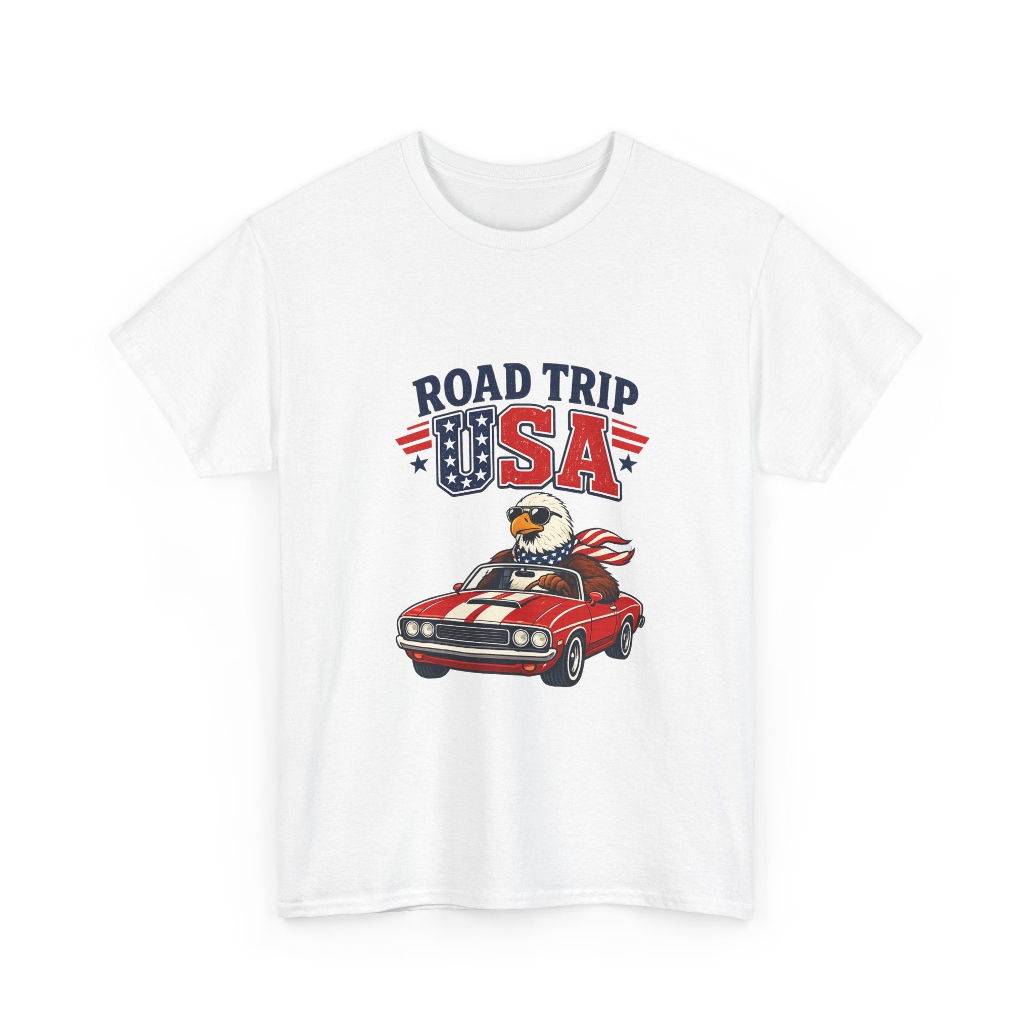 Road Trip USA T-Shirt — Patriotic Eagle Driving Classic Car Graphic Tee