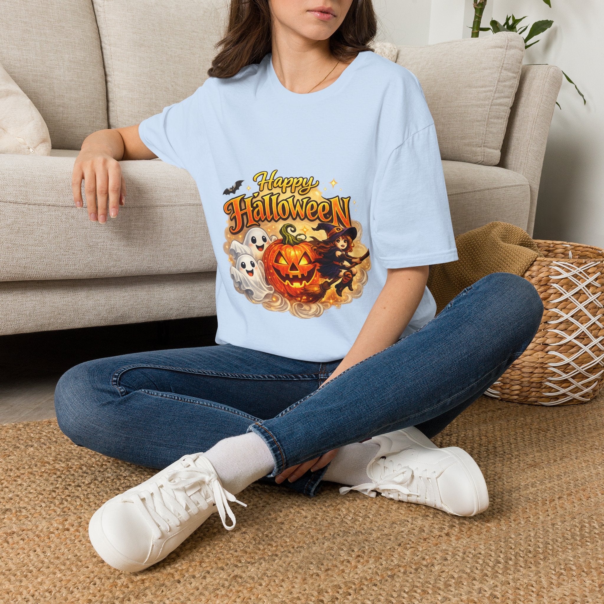 Halloween Witch and Ghost designs T-Shirt — "Happy Halloween" Pumpkin & Ghost Graphic