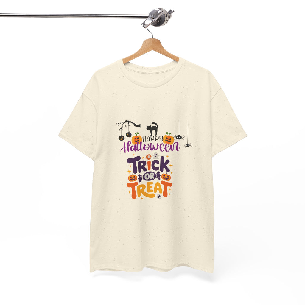 Halloween "Trick or Treat" T-Shirt — Cute Pumpkin, Cat & Spider Graphic Tee