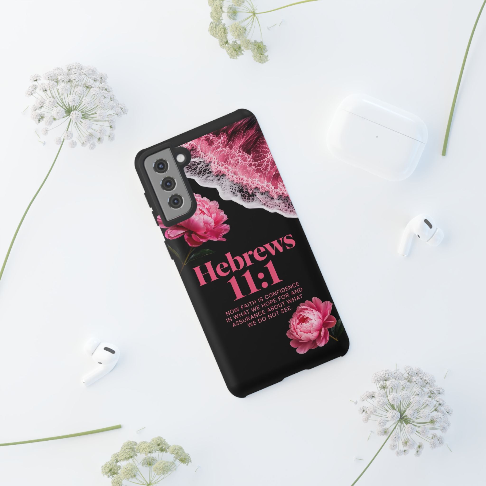 Bible Verses phone case -  Hebrews 11:1 Faith Phone Case — Pink Floral Scripture iPhone Cover