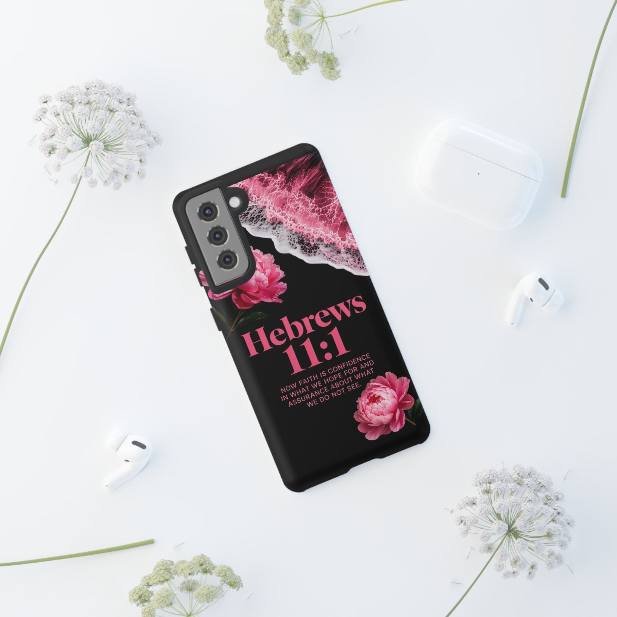 Bible Verses phone case -  Hebrews 11:1 Faith Phone Case — Pink Floral Scripture iPhone Cover