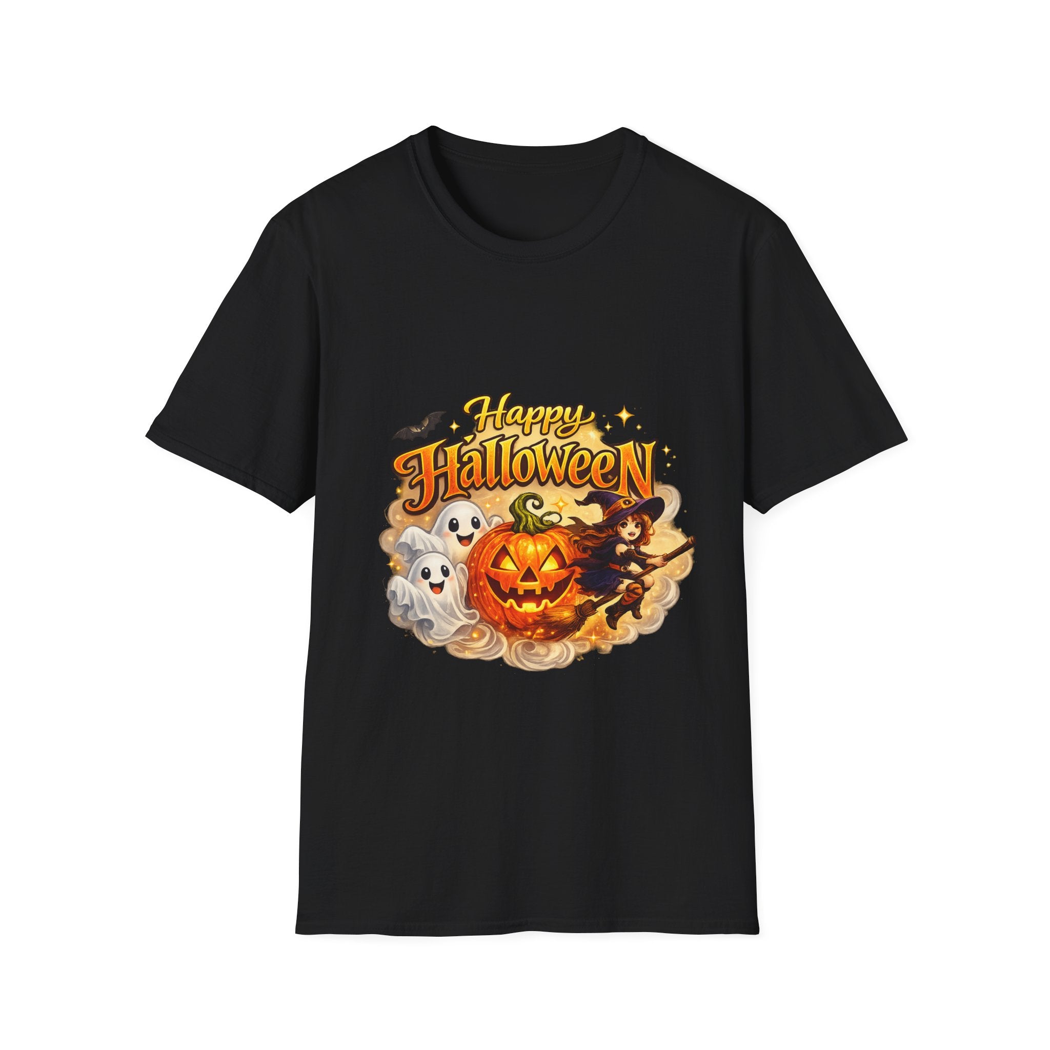 Halloween Witch and Ghost designs T-Shirt — "Happy Halloween" Pumpkin & Ghost Graphic