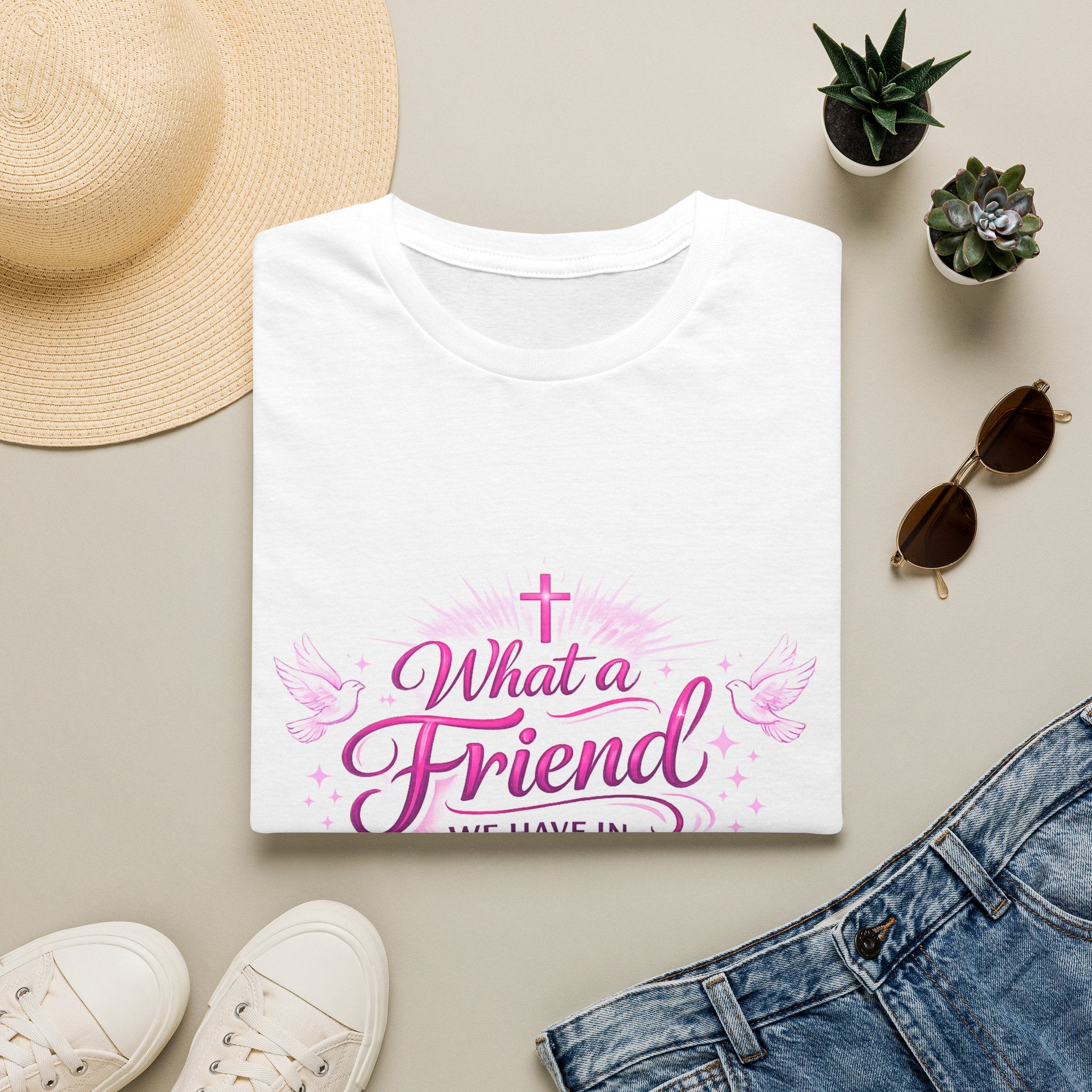 Christian T-Shirt — “What a Friend We Have in Jesus” Pink Faith Tee