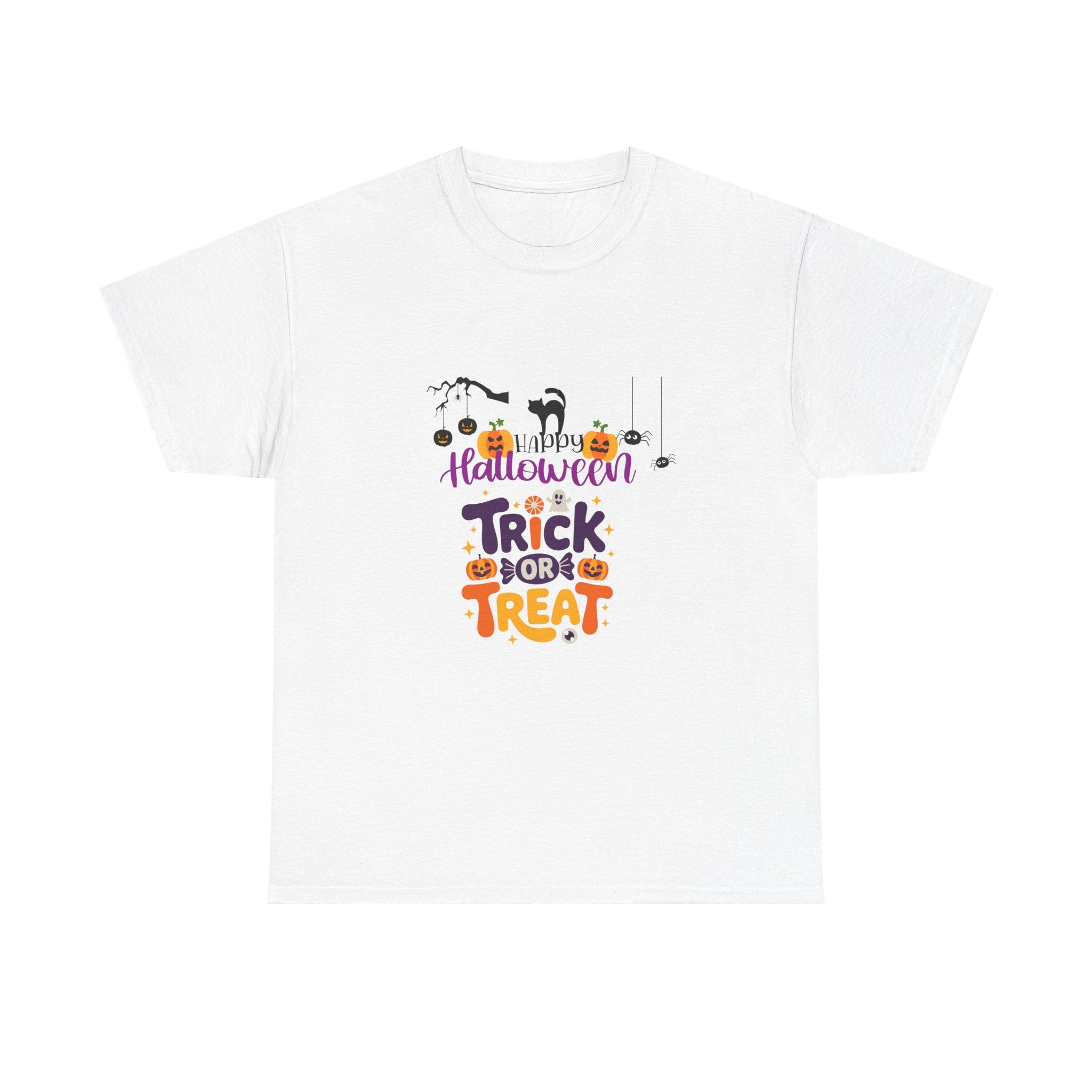 Halloween "Trick or Treat" T-Shirt — Cute Pumpkin, Cat & Spider Graphic Tee