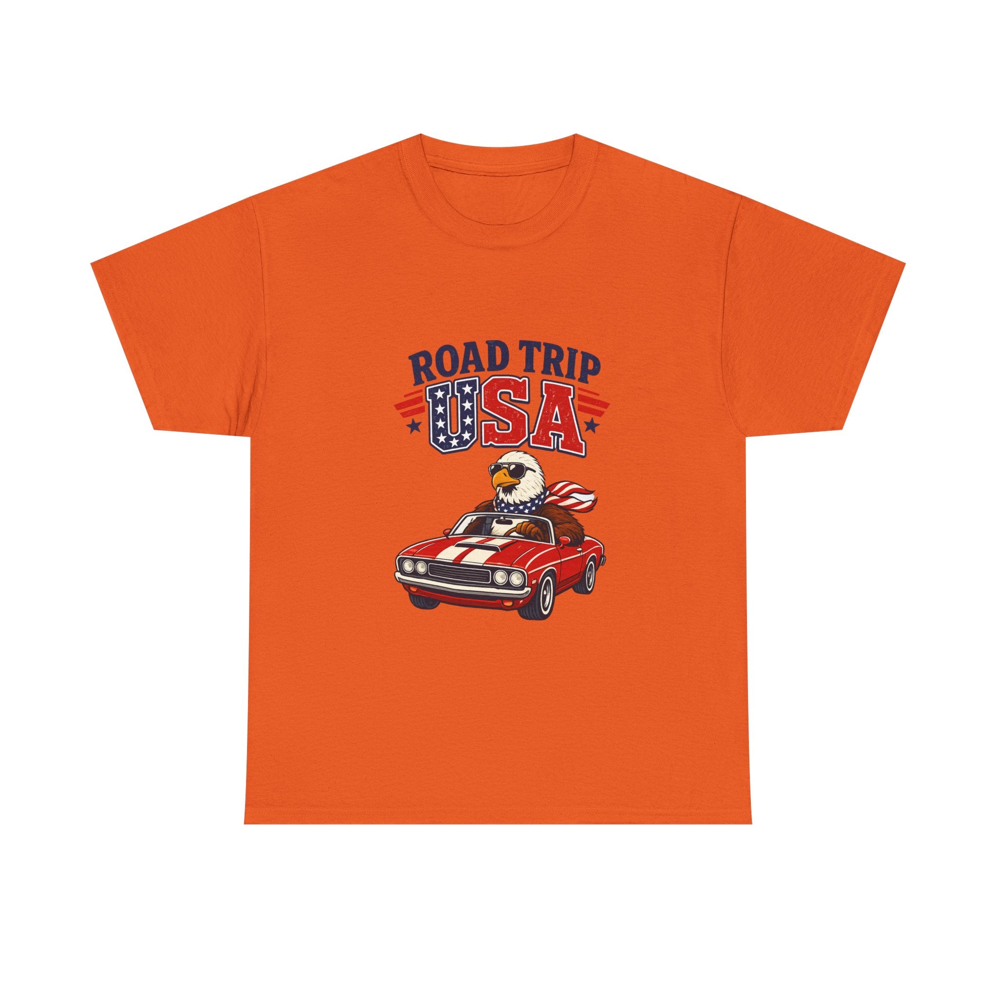 Road Trip USA T-Shirt — Patriotic Eagle Driving Classic Car Graphic Tee