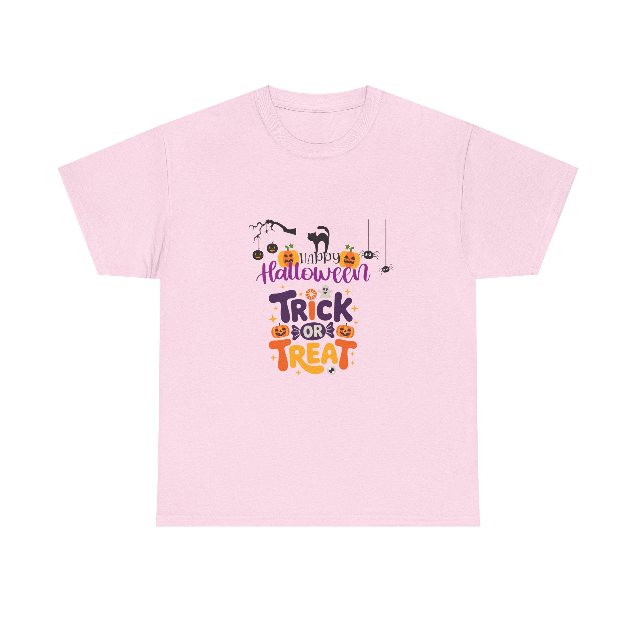 Halloween "Trick or Treat" T-Shirt — Cute Pumpkin, Cat & Spider Graphic Tee