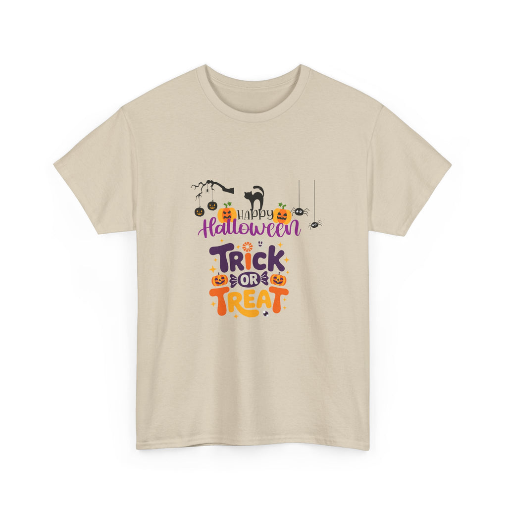 Halloween "Trick or Treat" T-Shirt — Cute Pumpkin, Cat & Spider Graphic Tee