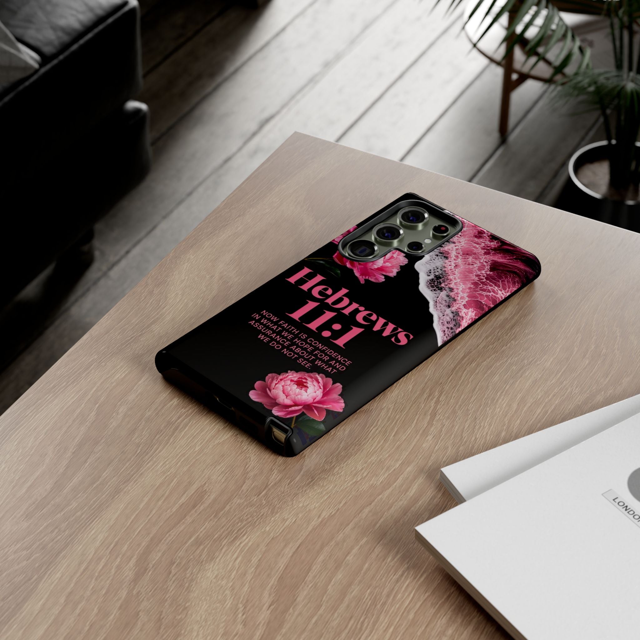 Bible Verses phone case -  Hebrews 11:1 Faith Phone Case — Pink Floral Scripture iPhone Cover