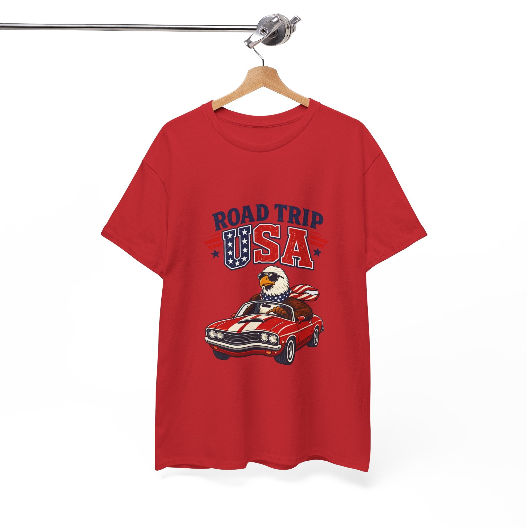 Road Trip USA T-Shirt — Patriotic Eagle Driving Classic Car Graphic Tee