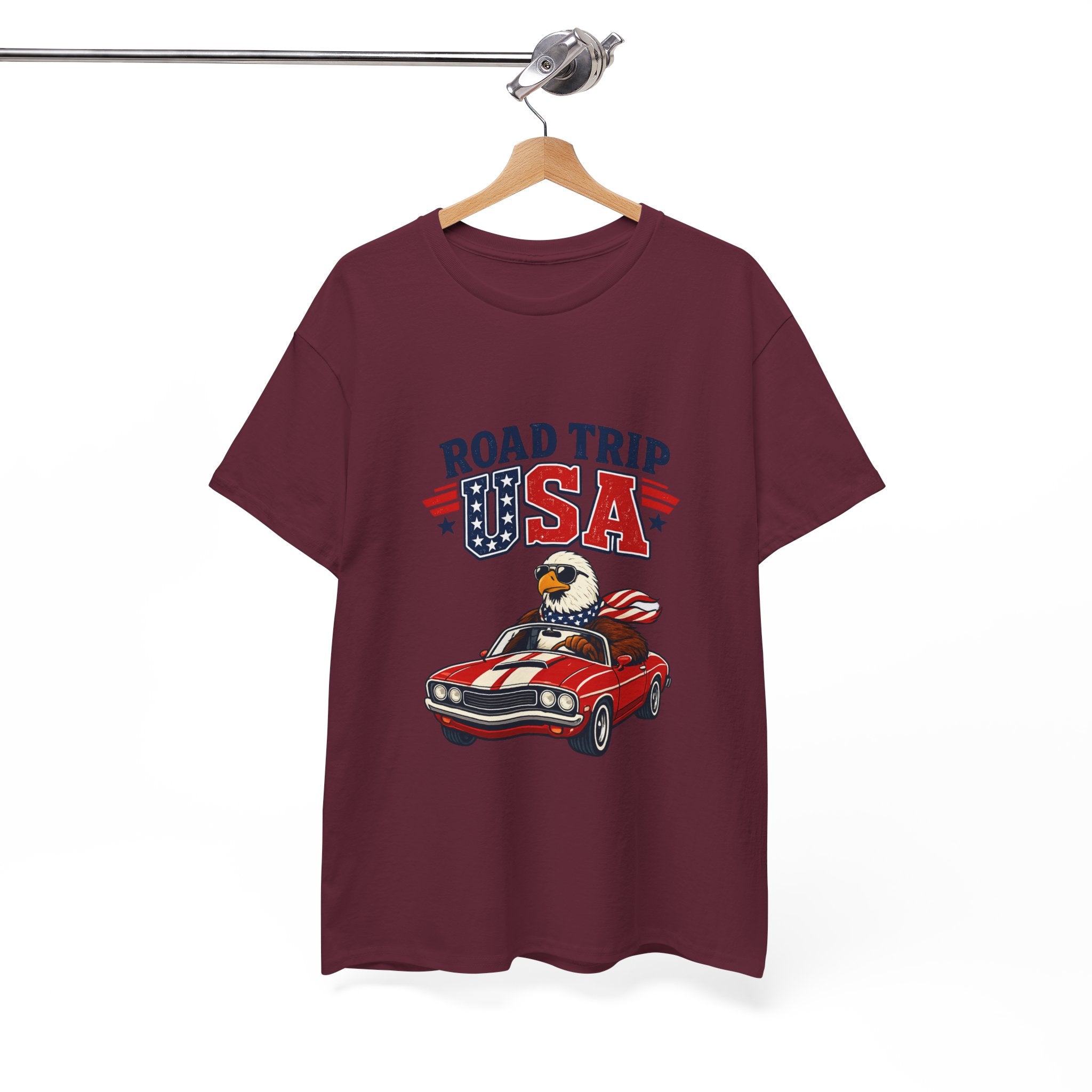 Road Trip USA T-Shirt — Patriotic Eagle Driving Classic Car Graphic Tee