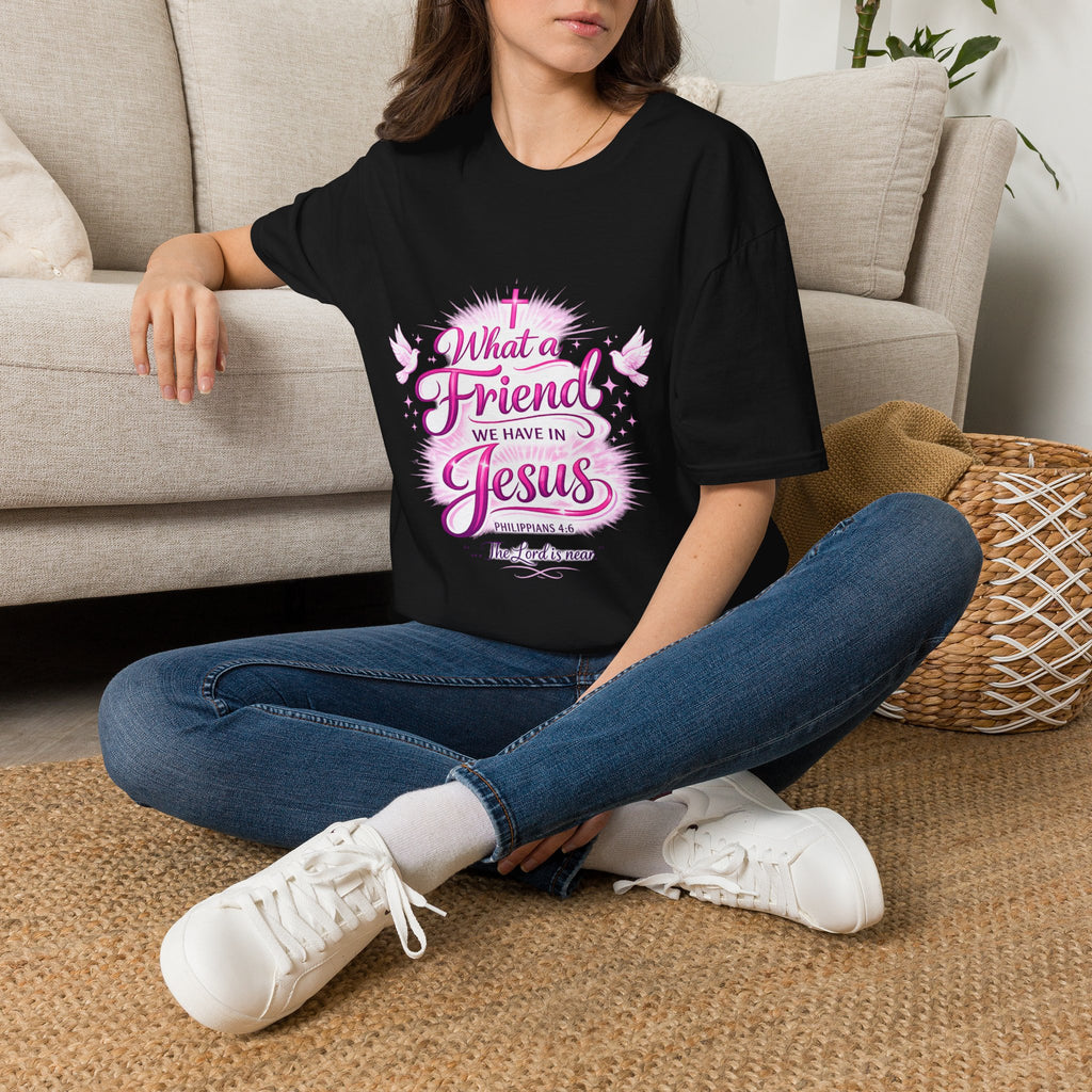 Christian T-Shirt — “What a Friend We Have in Jesus” Pink Faith Tee