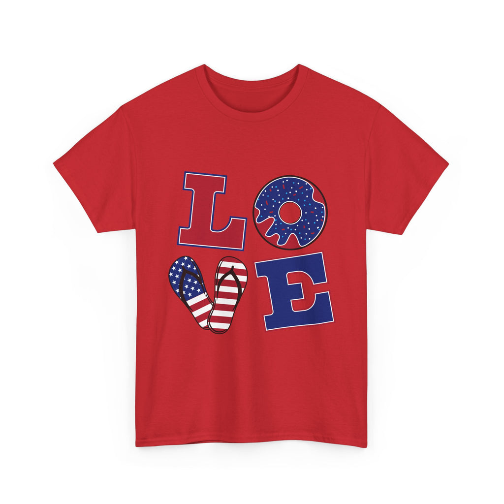 Patriotic LOVE T-Shirt — American Flag Donut & Flip-Flop Fourth of July Tee