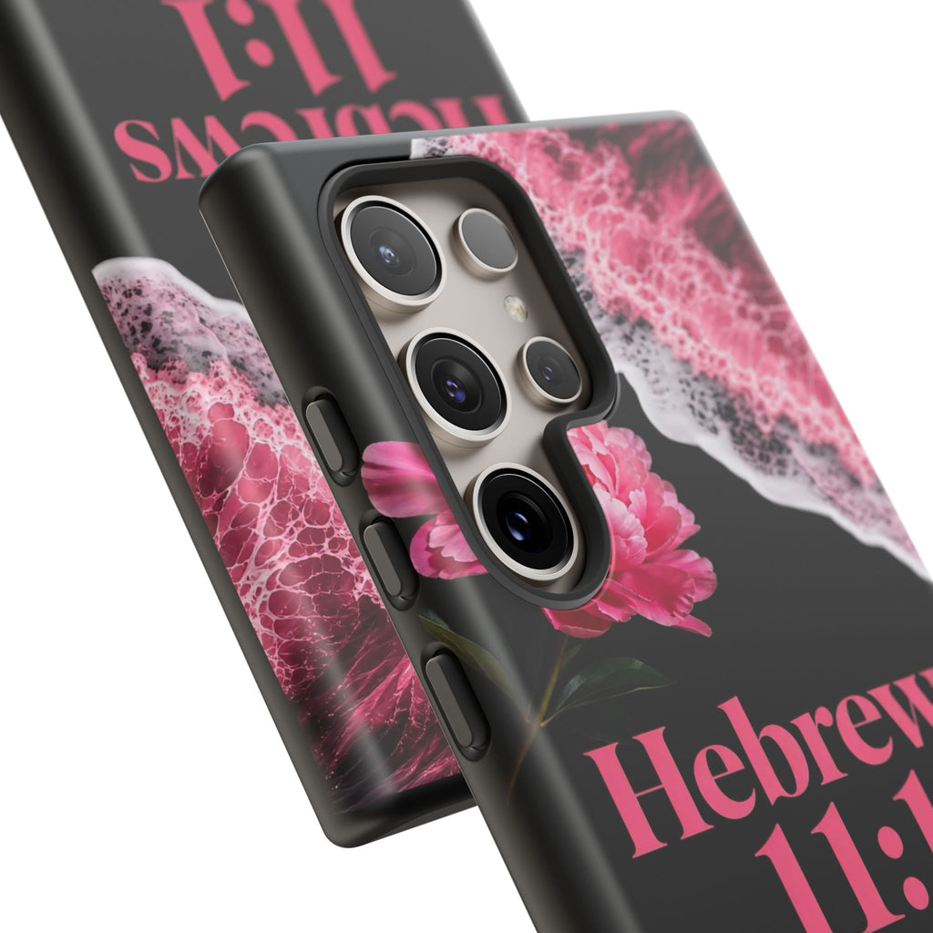 Bible Verses phone case -  Hebrews 11:1 Faith Phone Case — Pink Floral Scripture iPhone Cover