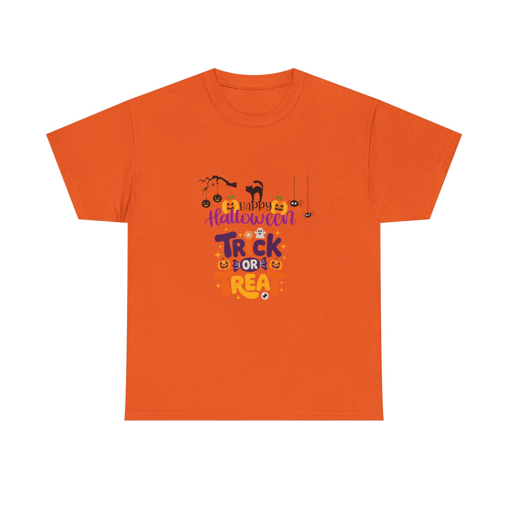 Halloween "Trick or Treat" T-Shirt — Cute Pumpkin, Cat & Spider Graphic Tee