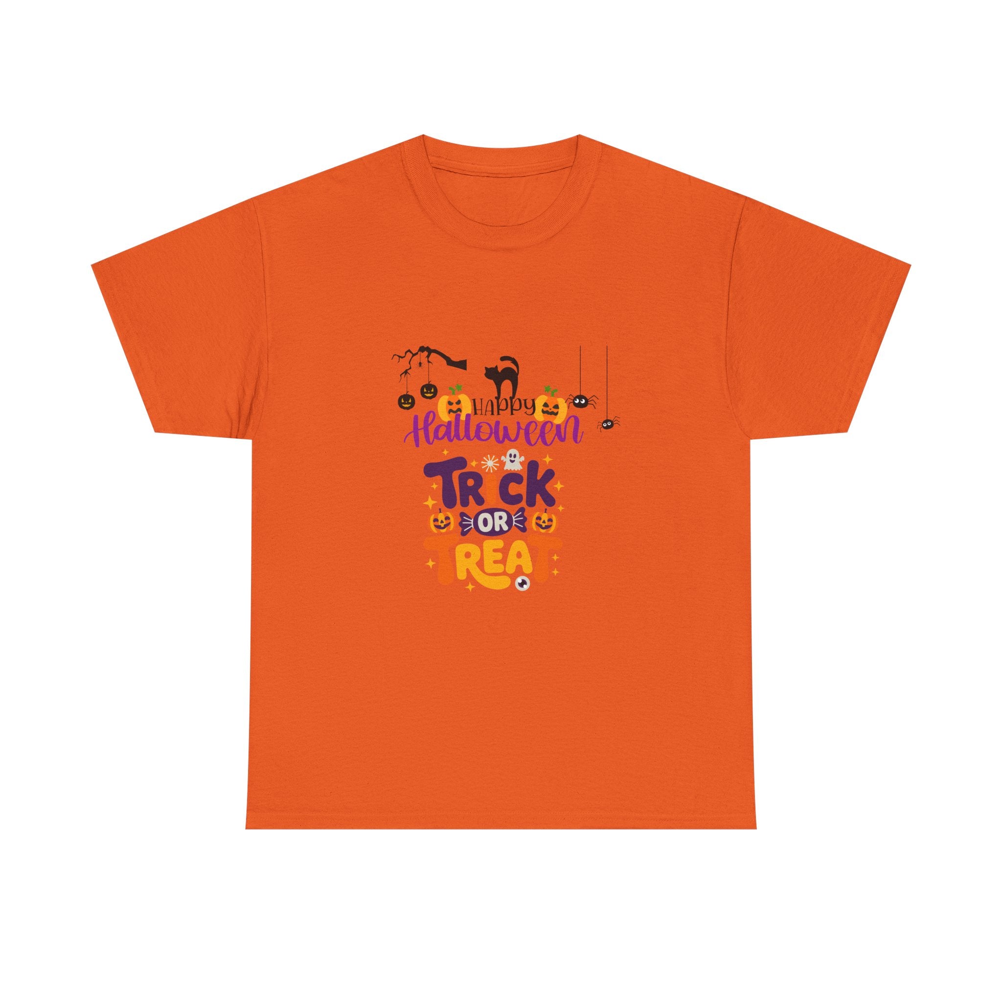 Halloween "Trick or Treat" T-Shirt — Cute Pumpkin, Cat & Spider Graphic Tee