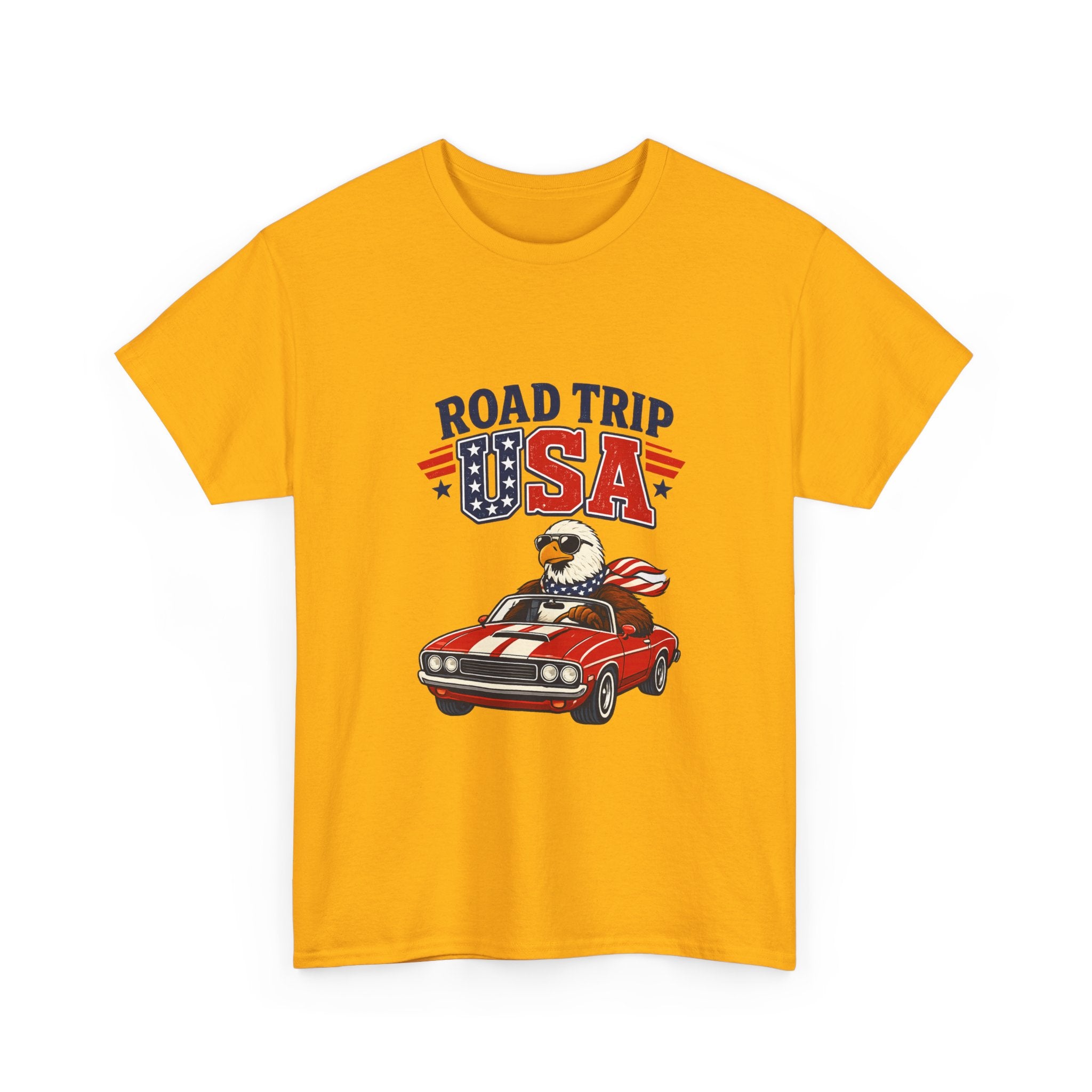 Road Trip USA T-Shirt — Patriotic Eagle Driving Classic Car Graphic Tee
