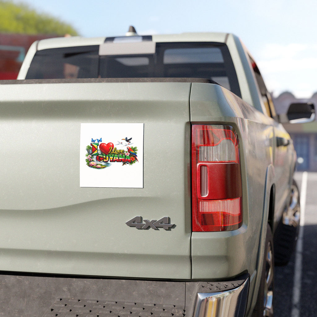 I Love Guyana Car Magnet — Colorful Tropical Flag, Parrot & Floral Auto Sticker