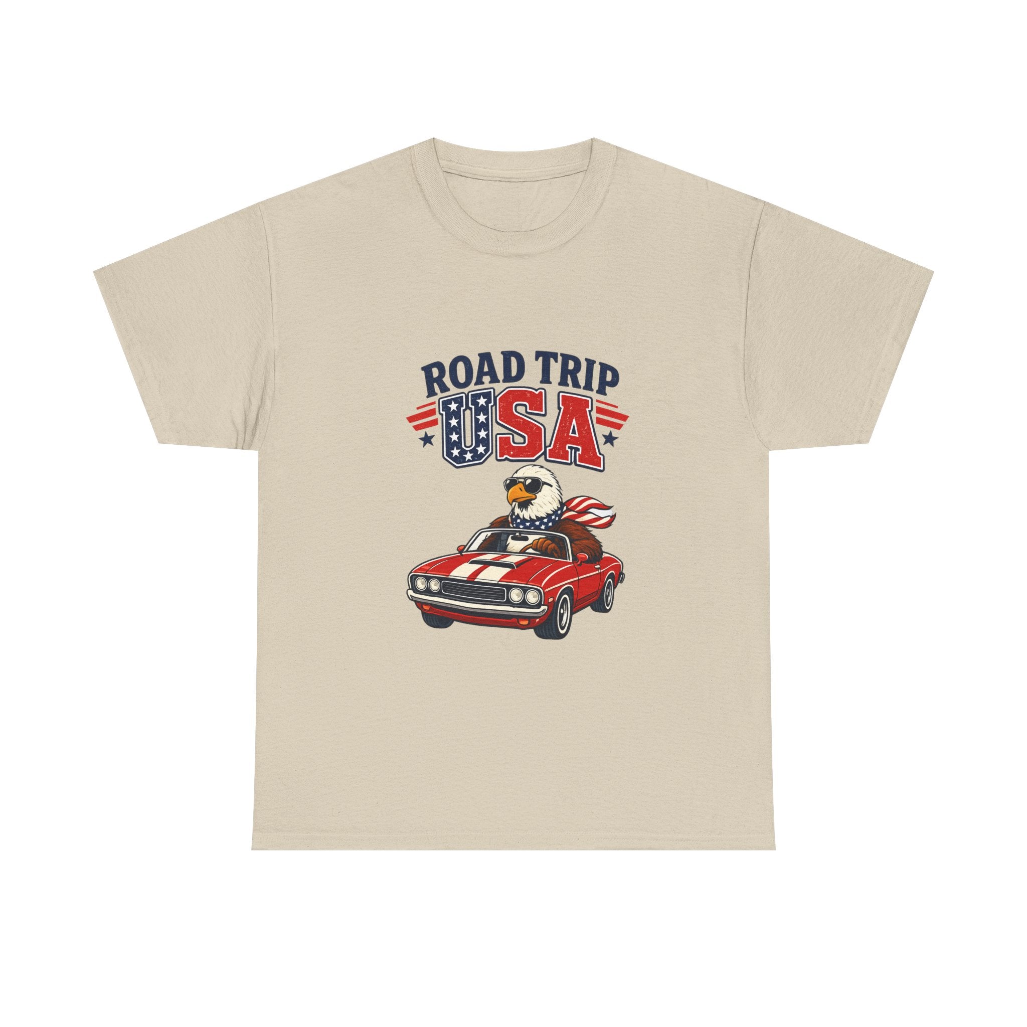 Road Trip USA T-Shirt — Patriotic Eagle Driving Classic Car Graphic Tee