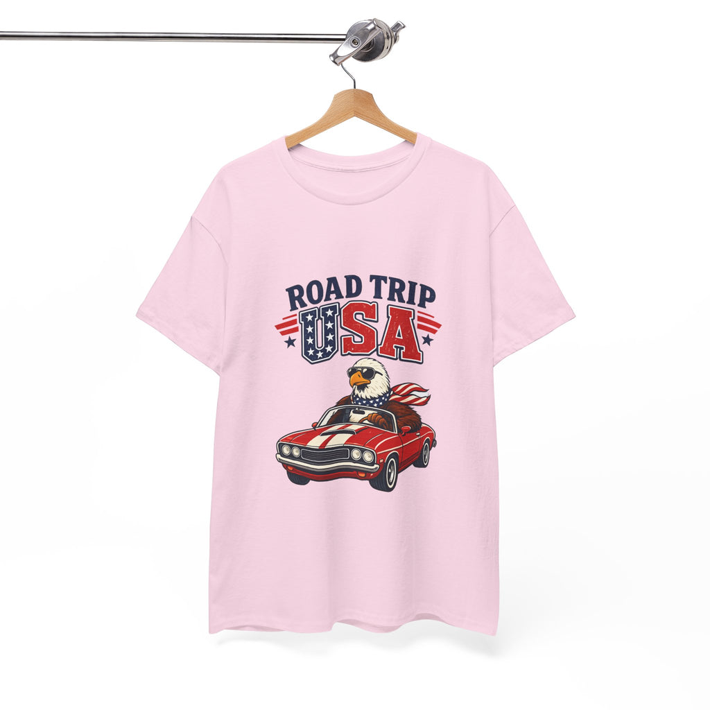 Road Trip USA T-Shirt — Patriotic Eagle Driving Classic Car Graphic Tee