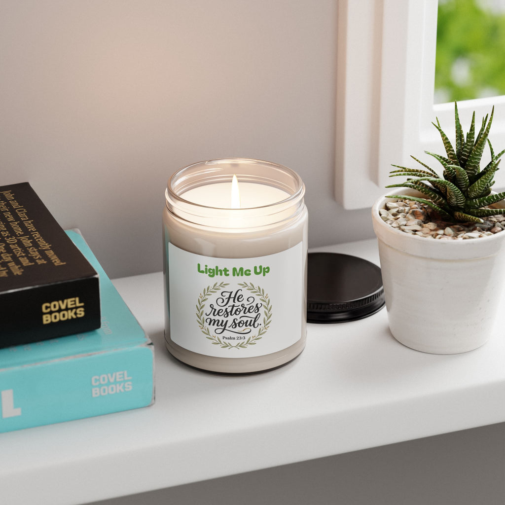 Scented Soy Candle — “He Restores My Soul” Inspirational 9oz Jar