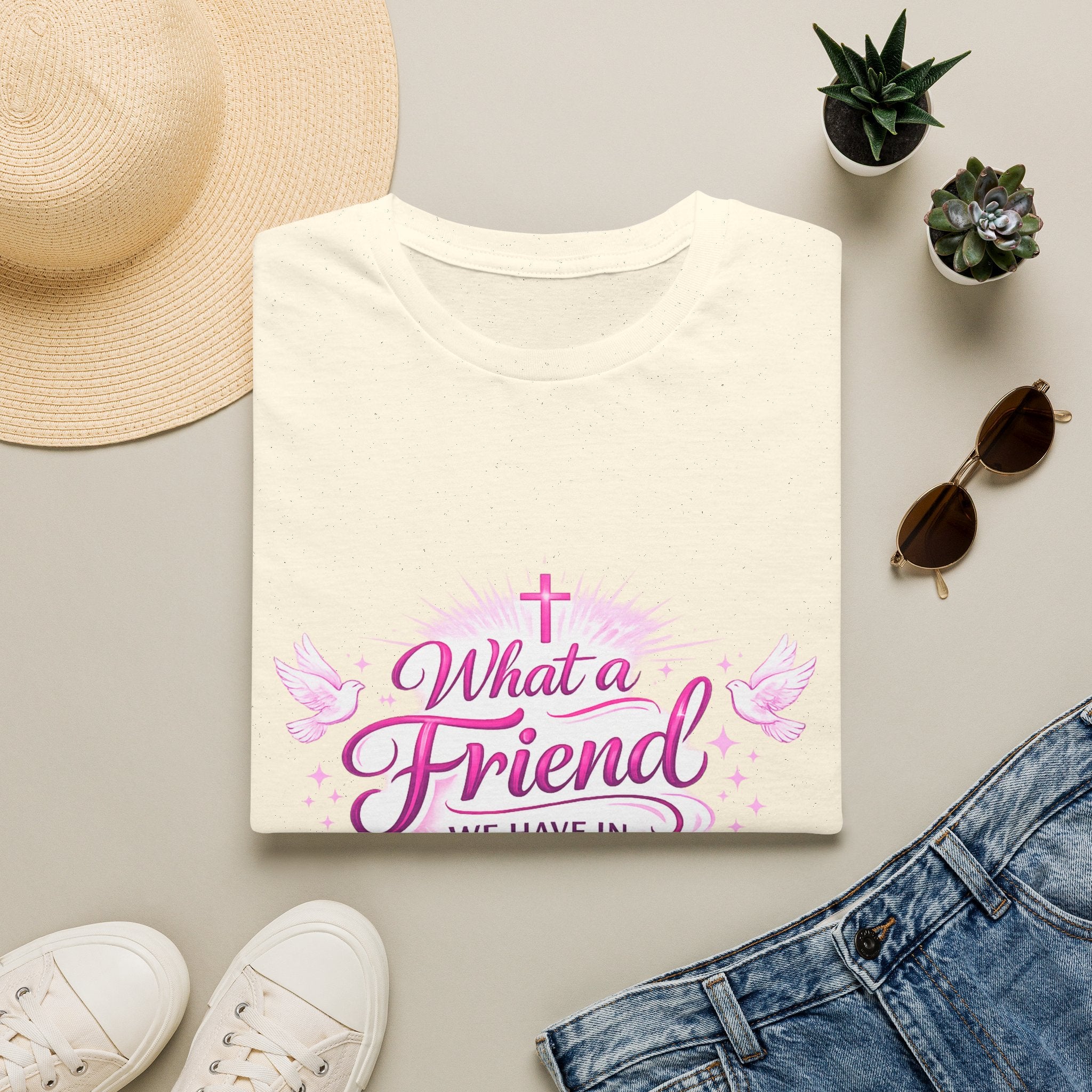 Christian T-Shirt — “What a Friend We Have in Jesus” Pink Faith Tee