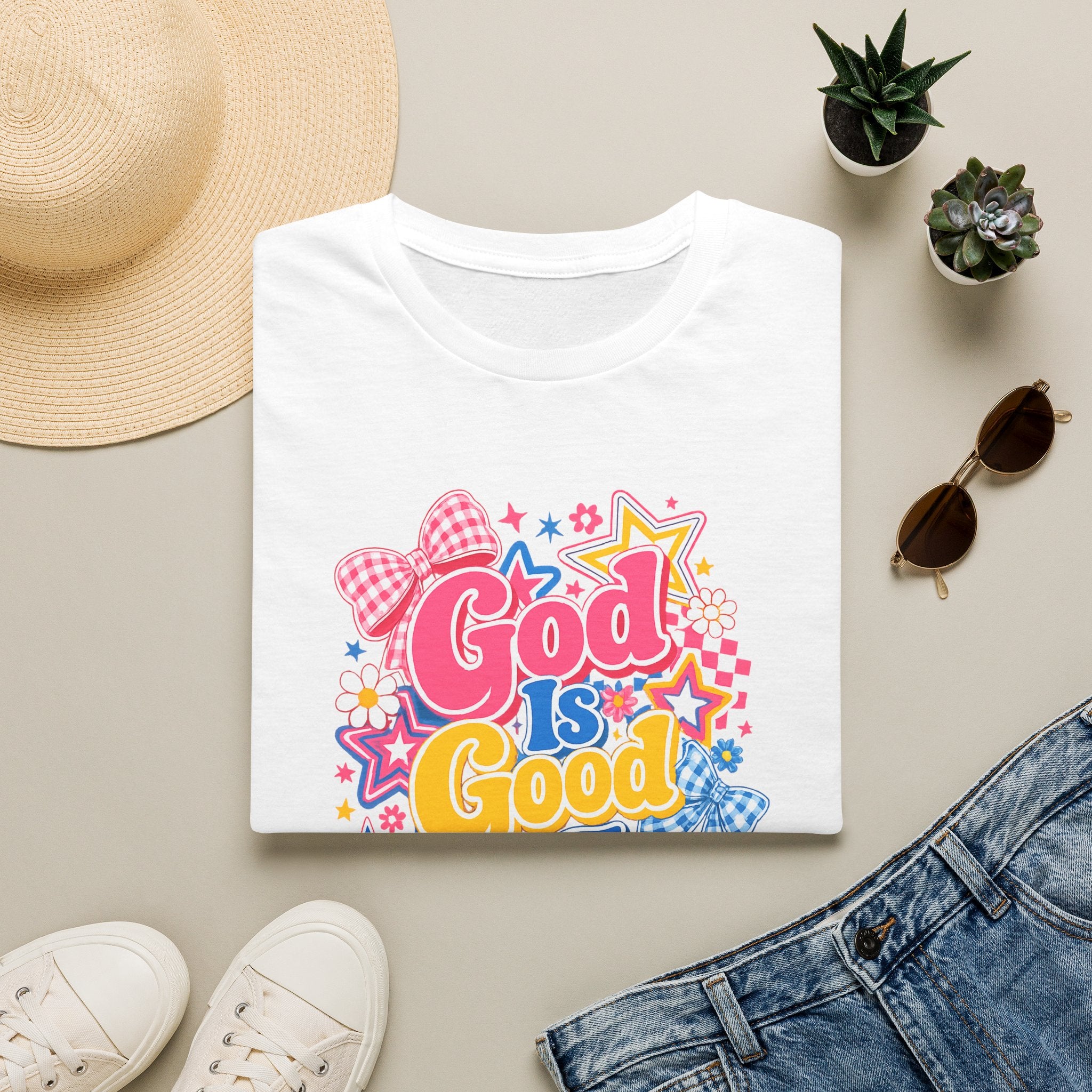 Inspirational vibes God Is Good T‑Shirt — Colorful Retro Faith Graphic Tee